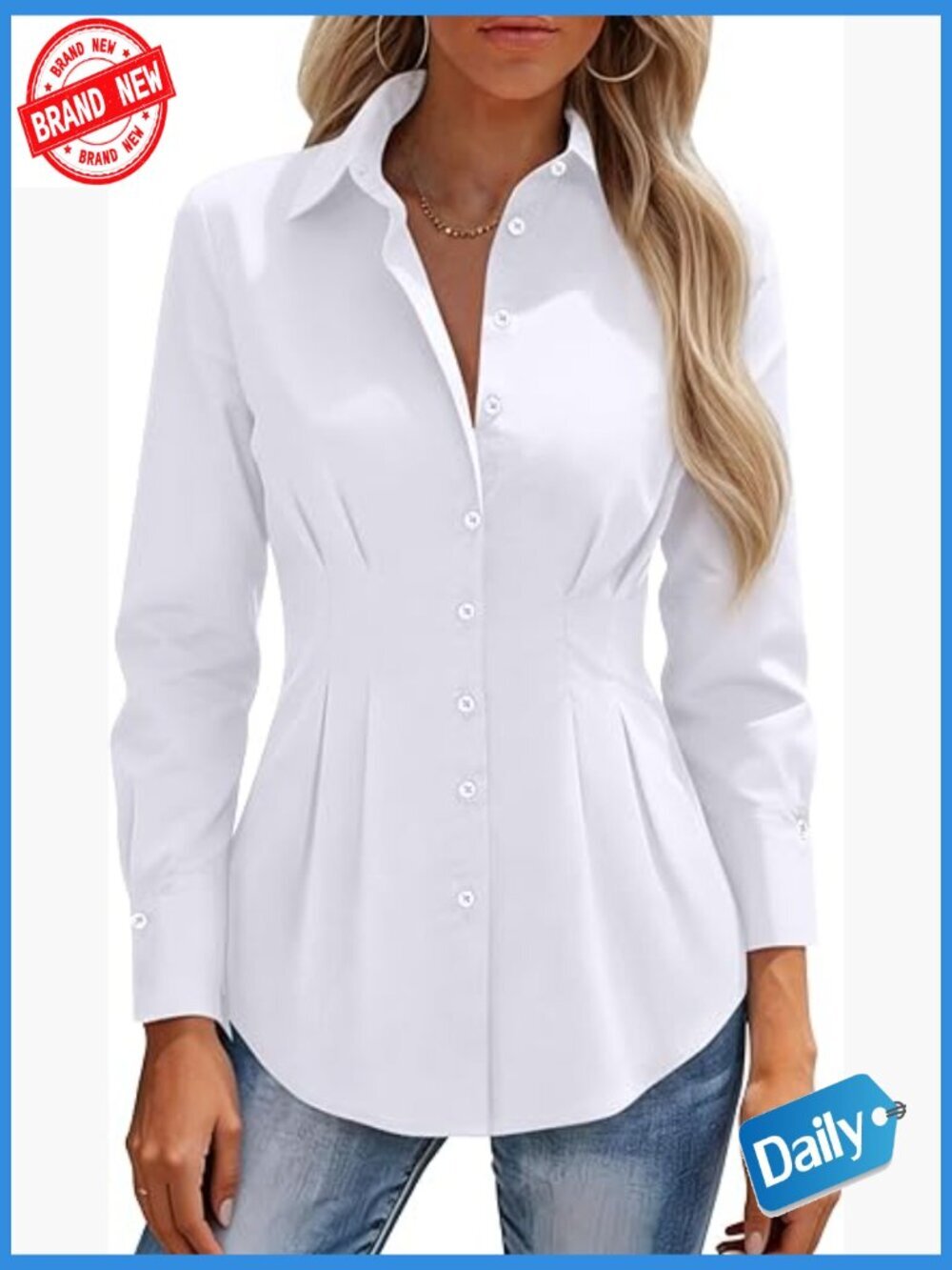 Long Sleeve Button Down Shirt Cinched Waist Cotton Blend Blouse Business Casual